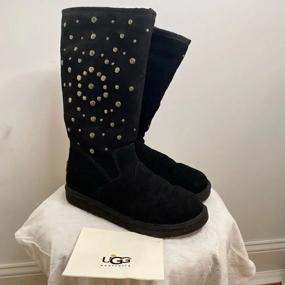 UGG Classic Rock Star Stud Tall Leather Sheepskin Shearling Winter Boots Black 7